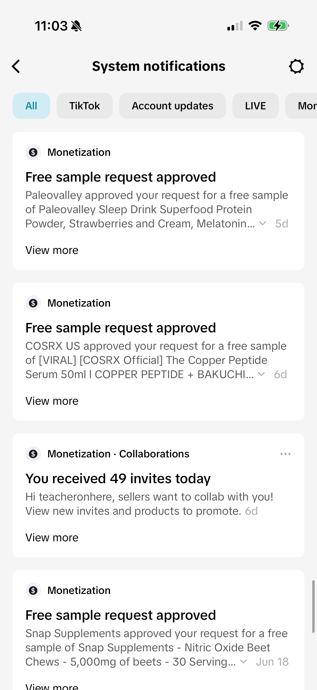 More TikTok brand sample approvals and collab invites