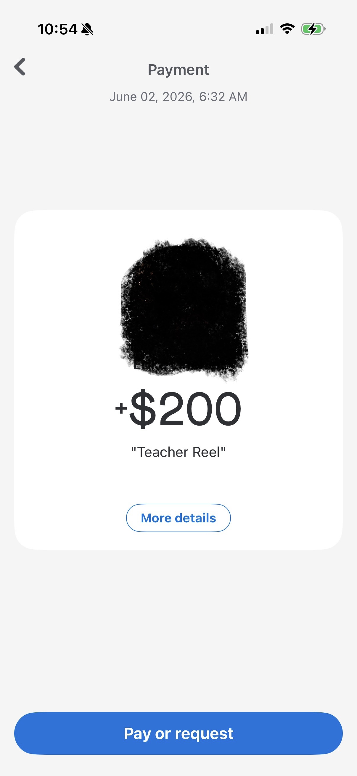 Venmo payment of $200 for a teacher reel